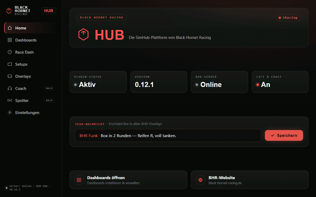 Die Oberfläche des BHR-HUB-Plugins in SimHub